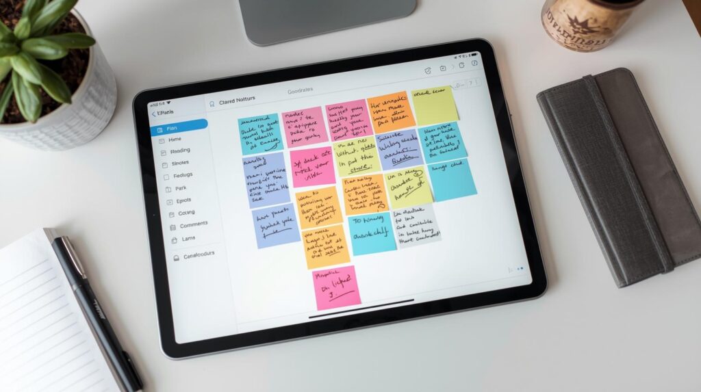 iPadの中にたくさんカラフルな付箋がある。付箋には様々な勉強計画が書かれている。