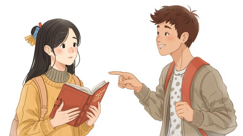 リュックを背負いながら本を読み歩きしている女子学生と、話しかけているリュックを背負った男子学生