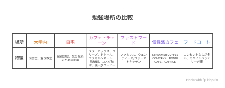 勉強場所の比較の表。内容は本文に記載したものと同じ。