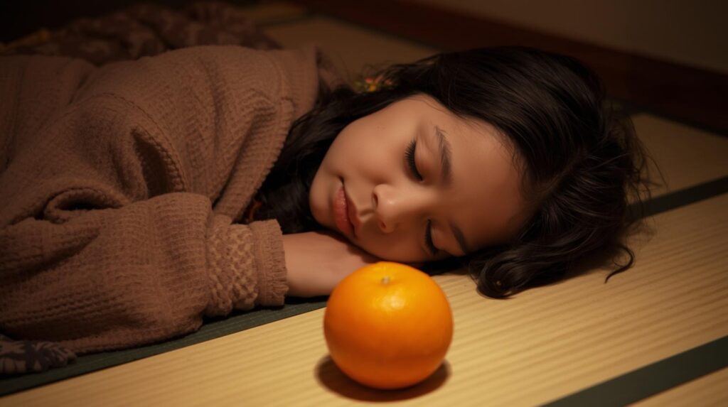 炬燵でまったりとくつろいでいる女の子。ミカンが置いてある。