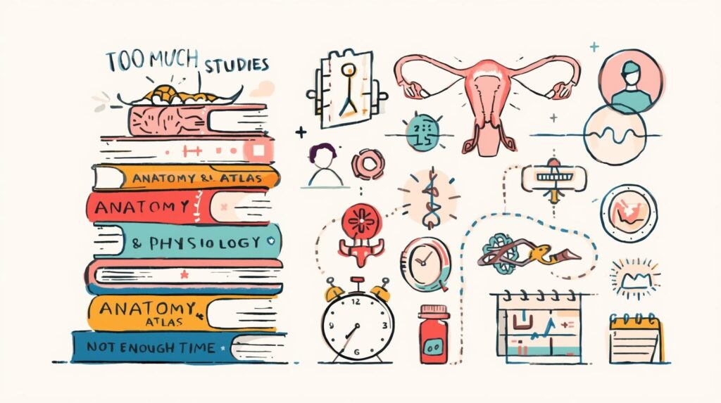 解剖学と生理学の教科書が山積みになっており、教科書によって時間が押しつぶされている図。上部には「Too Much Studies」と書かれている。