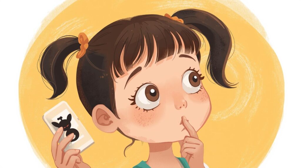 カードに書かれていることを思い出そうとしている女の子
