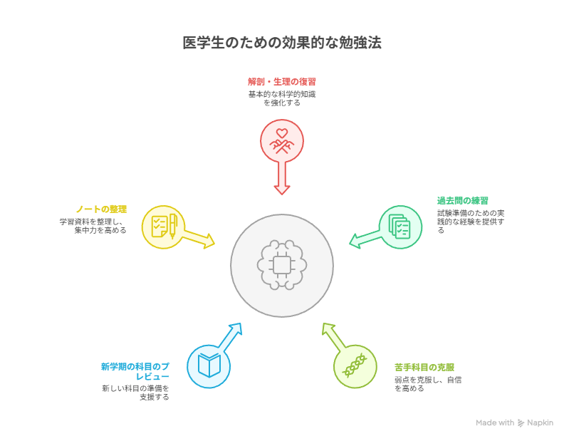 医学生のための効果的な勉強法をイラスで示している。