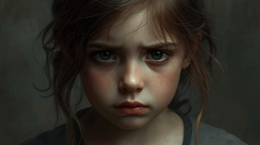 眉間にしわを寄せ、不安を感じている女の子