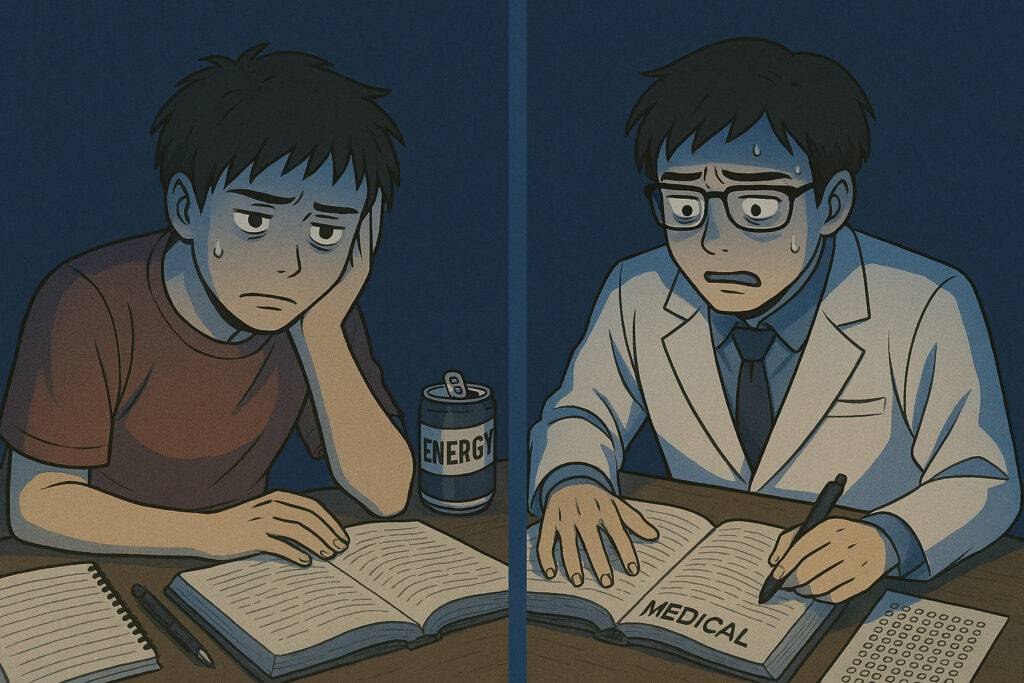 睡眠時間を削ってヘトヘトになりながら勉強している様子